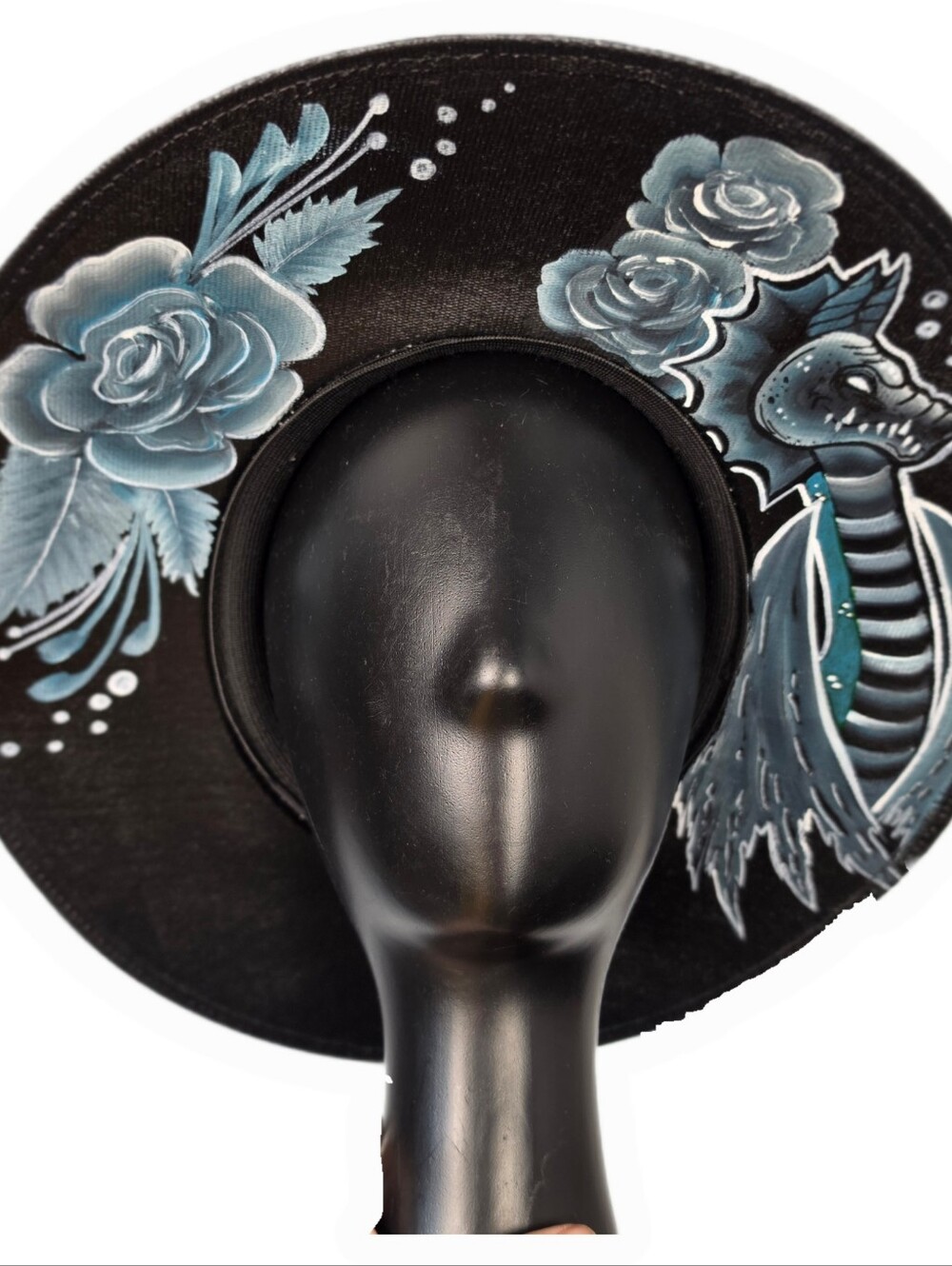 Gothic Aquarius Sun Hat - Hand Painted Water Dragon Black & Blue (Size Large)